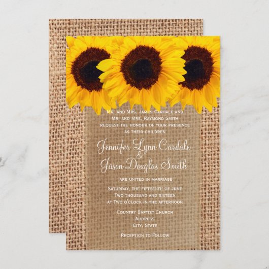 国のヒマワリのバーラップのプリントの結婚式招待状 招待状 (正面/裏面)