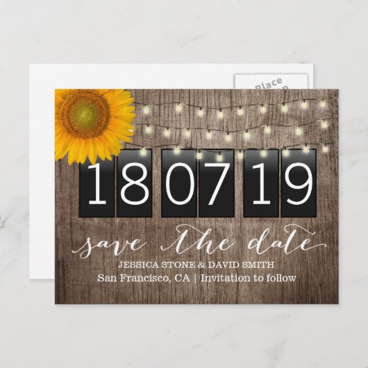 国のヒマワリの素朴な結婚式の保存日付 案内ポストカード (正面/裏面)