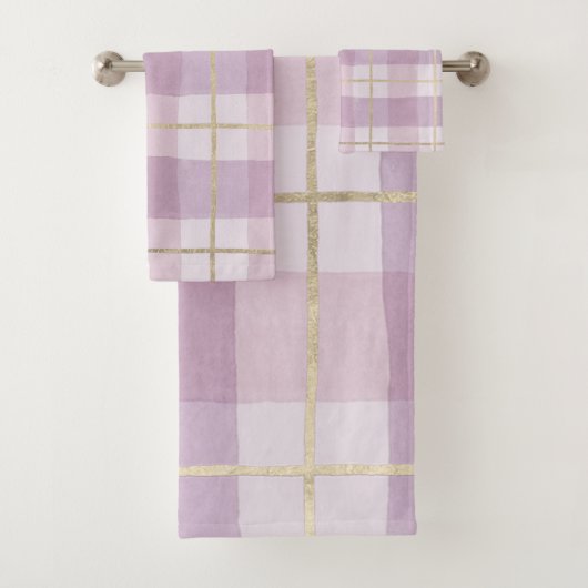 国のピンクのラベンダーの金ゴールドの水彩画の格子縞 バスタオルセット (インサイチュ)