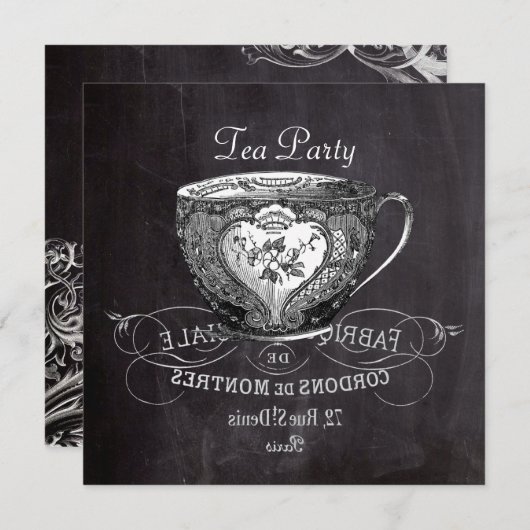 国のフランスのティーカップchalkboard茶パーティー 招待状 (正面/裏面)