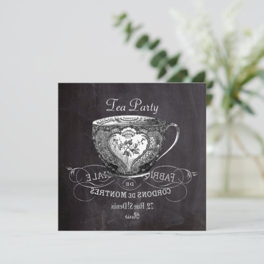 国のフランスのティーカップchalkboard茶パーティー 招待状 (スタンド正面)