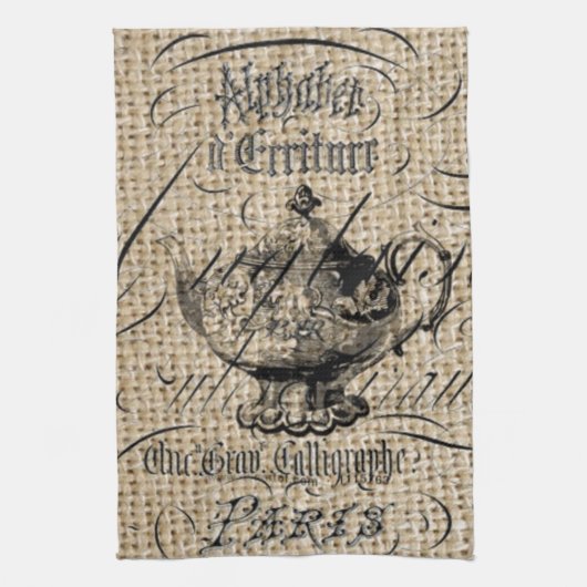国のフランスのburlapスクリプトteapot teaパーティー キッチンタオル (縦)