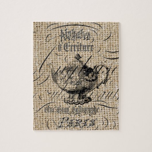 国のフランスのburlapスクリプトteapot teaパーティー ジグソーパズル (縦)
