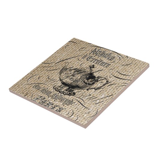 国のフランスのburlapスクリプトteapot teaパーティー タイル (側面)