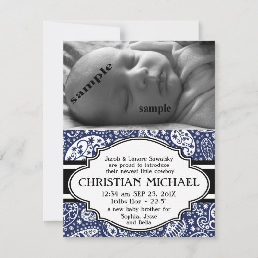 国のペイズリーの新生児の男の子の誕生の発表 案内状 (正面)