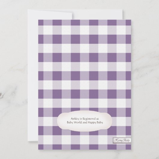 国のメーソンジャーの紫色のギンガムのベビーシャワー 招待状 (裏面)