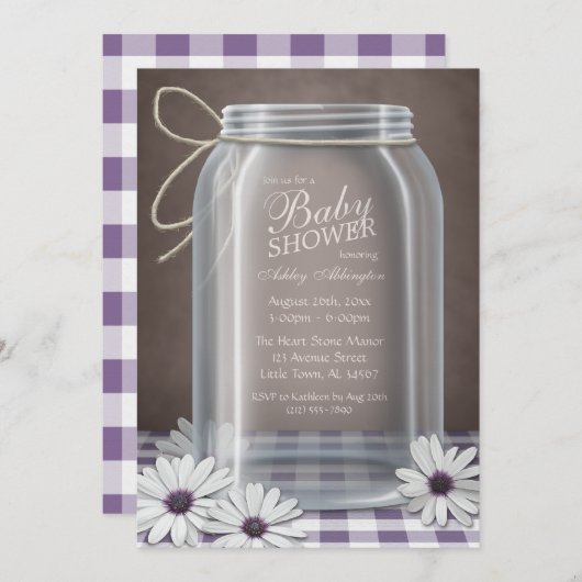 国のメーソンジャーの紫色のギンガムのベビーシャワー 招待状 (正面/裏面)
