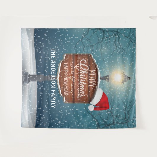 国のランタン付きのポストのクリスマスハットと雪 タペストリー (正面(横))