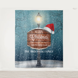 国のランタン付きの街灯のクリスマスハットと雪 タペストリー