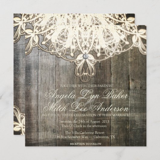 国のレースおよび木製の素朴な結婚式招待状 招待状 (正面/裏面)