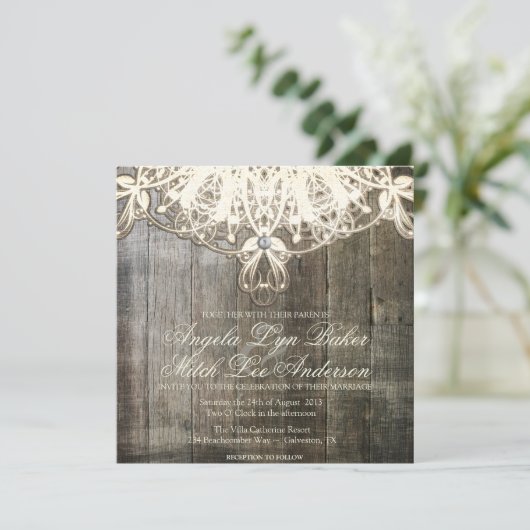国のレースおよび木製の素朴な結婚式招待状 招待状 (スタンド正面)