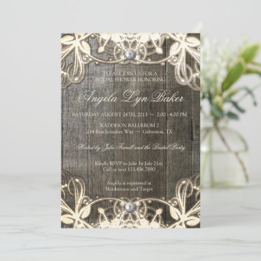 国のレースの木製の素朴なブライダルシャワーの招待 招待状 (スタンド正面)