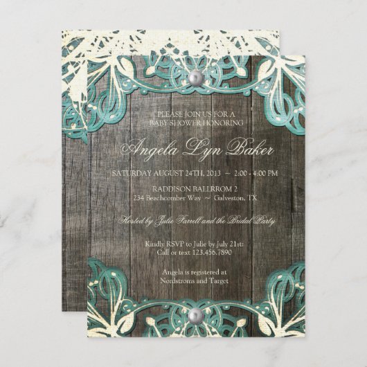 国のレースの木製の素朴なベビーシャワーの招待 招待状 (正面/裏面)