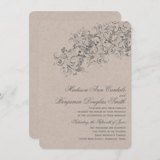 国のヴィンテージ素朴が盛んな結婚式の誘い 招待状 (正面/裏面)