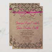 国のヴィンテージ素朴ブラウンピンクの結婚式の招待 招待状 (正面/裏面)