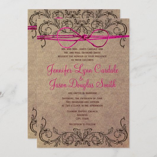 国のヴィンテージ素朴ブラウンピンクの結婚式の招待 招待状 (正面/裏面)