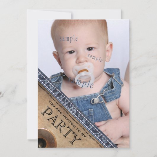 国の子供の青いジーンのデニムのスタイルの誕生会 招待状 (正面)