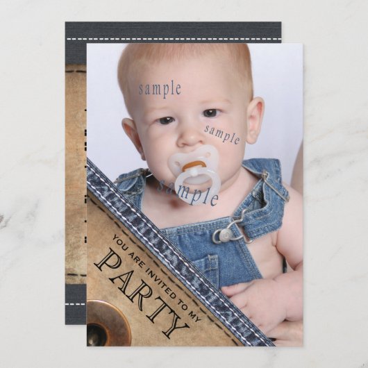 国の子供の青いジーンのデニムのスタイルの誕生会 招待状 (正面/裏面)