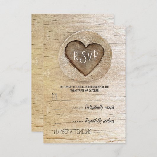 国の木素朴材ハート結婚式RSVPカード 出欠カード (正面/裏面)