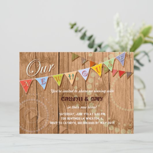 国の木製の旗布の引っ越し祝いパーティーのパーティの招待状 招待状 (スタンド正面)