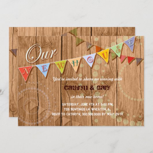 国の木製の旗布の引っ越し祝いパーティーのパーティの招待状 招待状 (正面/裏面)
