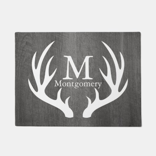 国の灰色の動揺してな木製の白いシカの(雄ジカの)枝角 ドアマット (正面)