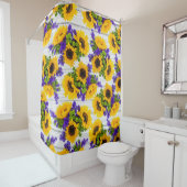 国の素朴で白い木製の紫色の黄色いヒマワリ シャワーカーテン (インサイチュ)