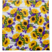 国の素朴で白い木製の紫色の黄色いヒマワリ シャワーカーテン (正面)