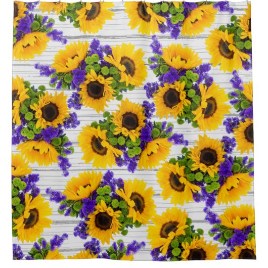 国の素朴で白い木製の紫色の黄色いヒマワリ シャワーカーテン (正面)