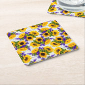 国の素朴で白い木製の紫色の黄色いヒマワリ スクエアペーパーコースター (アングル)