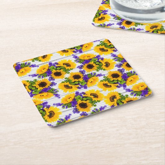 国の素朴で白い木製の紫色の黄色いヒマワリ スクエアペーパーコースター (アングル)
