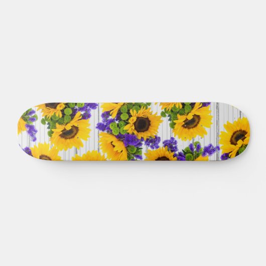 国の素朴で白い木製の紫色の黄色いヒマワリ スケートボード (横)