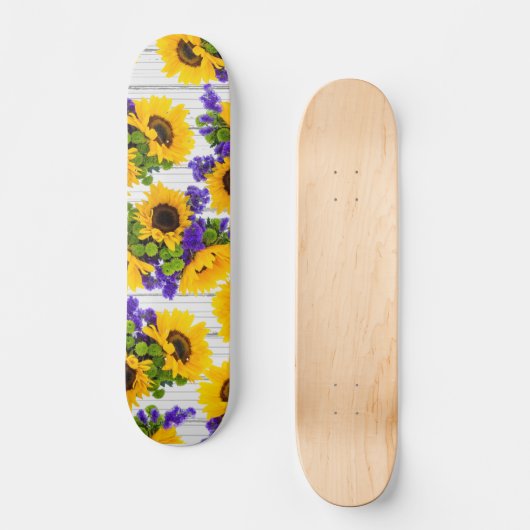 国の素朴で白い木製の紫色の黄色いヒマワリ スケートボード (正面)