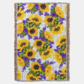 国の素朴で白い木製の紫色の黄色いヒマワリ スローブランケット (正面縦)