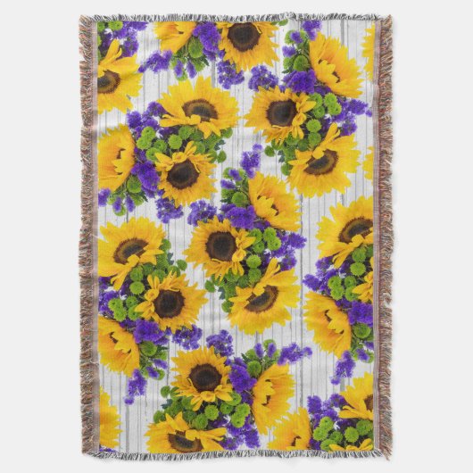 国の素朴で白い木製の紫色の黄色いヒマワリ スローブランケット (正面縦)