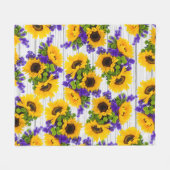 国の素朴で白い木製の紫色の黄色いヒマワリ フリースブランケット (正面(横))