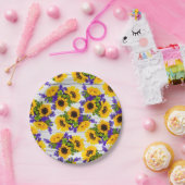 国の素朴で白い木製の紫色の黄色いヒマワリ ペーパープレート (パーティー)