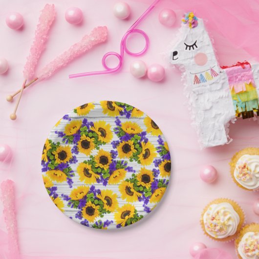国の素朴で白い木製の紫色の黄色いヒマワリ ペーパープレート (パーティー)