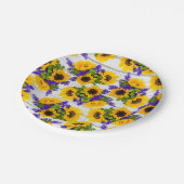 国の素朴で白い木製の紫色の黄色いヒマワリ ペーパープレート (アングル)