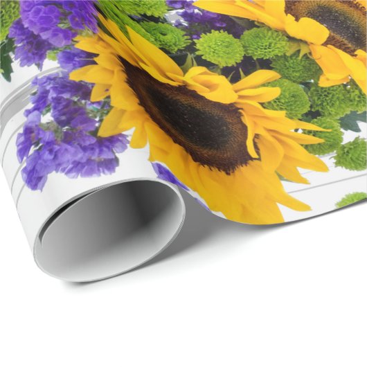 国の素朴で白い木製の紫色の黄色いヒマワリ ラッピングペーパー (ロールコーナー)