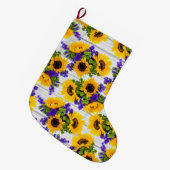 国の素朴で白い木製の紫色の黄色いヒマワリ ラージクリスマスストッキング (正面 (吊り時))