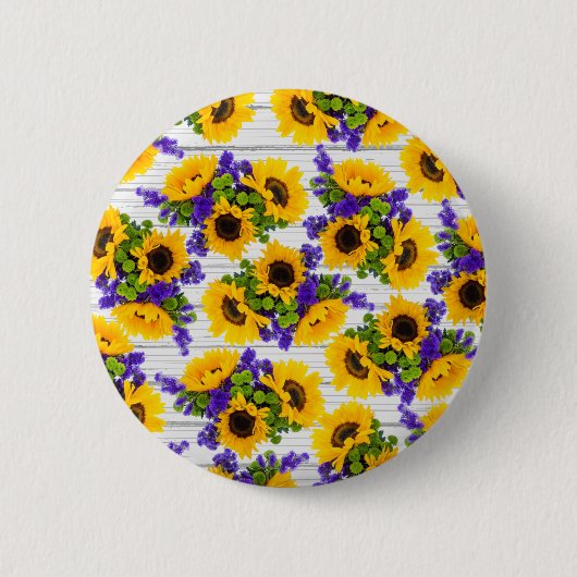 国の素朴で白い木製の紫色の黄色いヒマワリ 缶バッジ (正面)