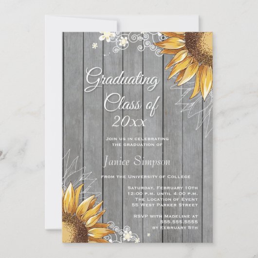 国の素朴なヒマワリの卒業パーティーの招待 招待状 (正面)