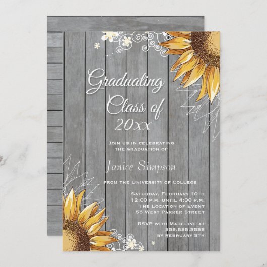 国の素朴なヒマワリの卒業パーティーの招待 招待状 (正面/裏面)