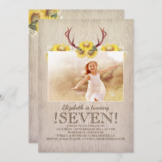 国の素朴なヒマワリの誕生日の写真 招待状 (正面/裏面)