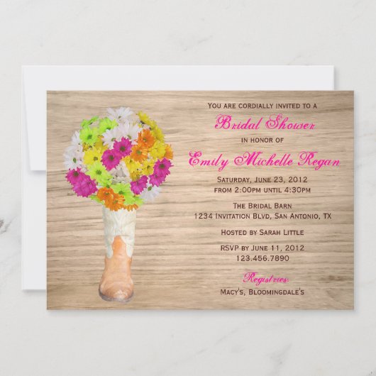 国の素朴なブーツおよびデイジーのブライダルシャワー 招待状 (正面)