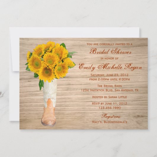 国の素朴なブーツおよびヒマワリのブライダルシャワー 招待状 (正面)
