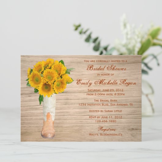国の素朴なブーツおよびヒマワリのブライダルシャワー 招待状 (スタンド正面)