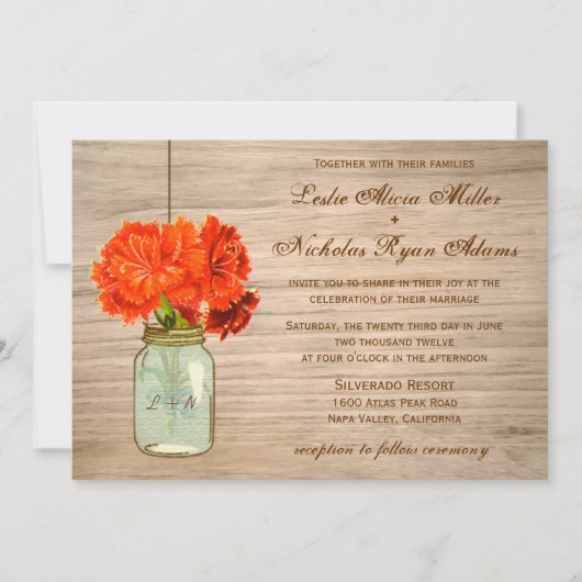 国の素朴なメーソンジャーによっては結婚式が開花します 招待状 (正面)