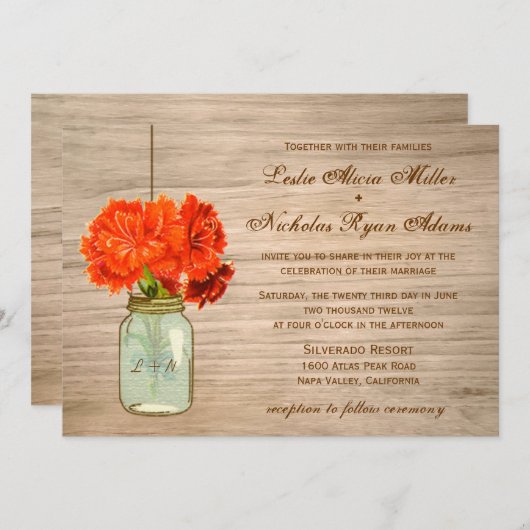 国の素朴なメーソンジャーによっては結婚式が開花します 招待状 (正面/裏面)